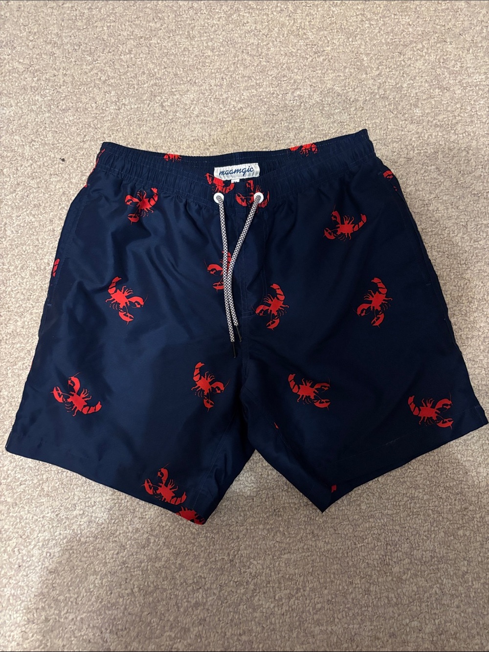 Navy Swim Trunks with Red Lobster Print